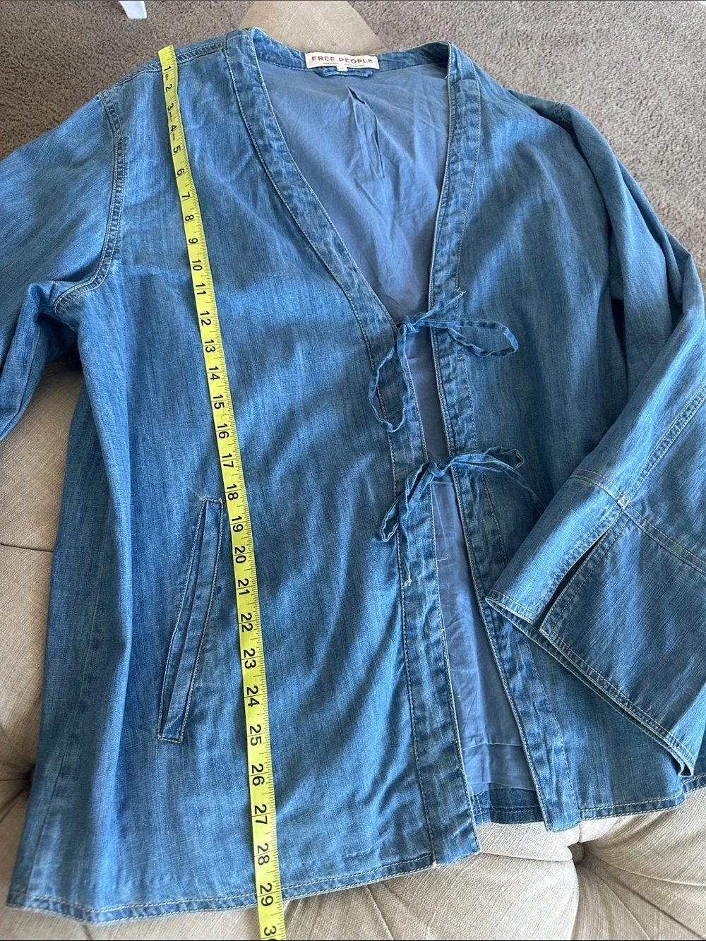 Free People Blue Tie-Front Denim Blazer